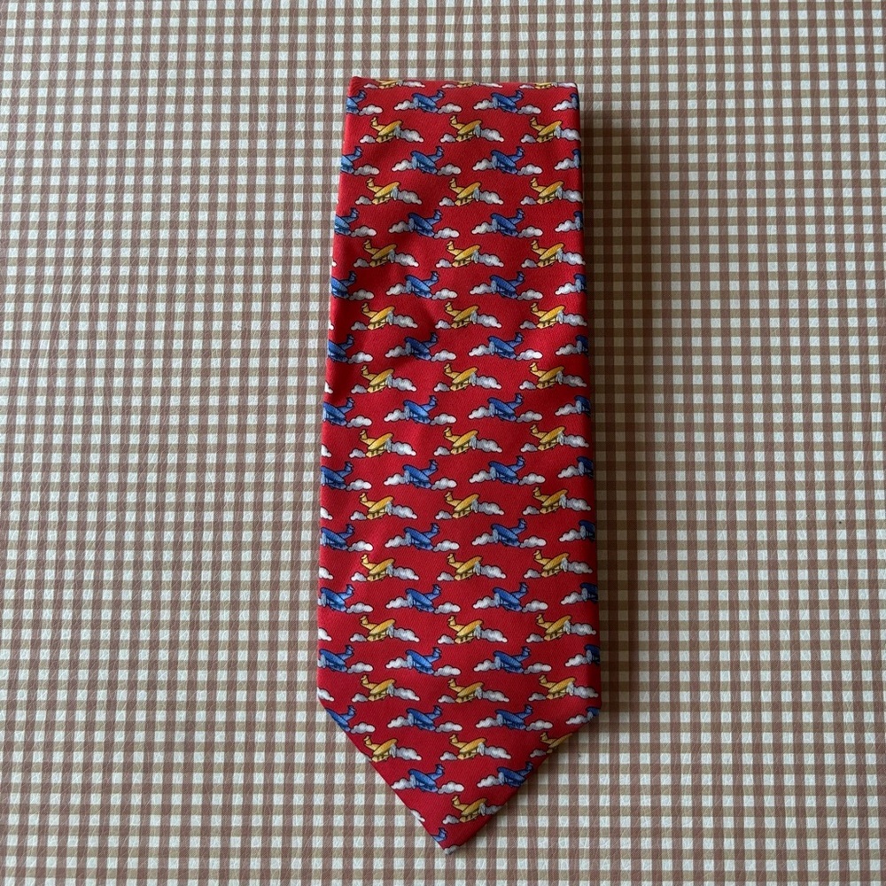 Robert Talbott Silk Print Tie - Airplanes red. Hand sewn Made in USA. Classic